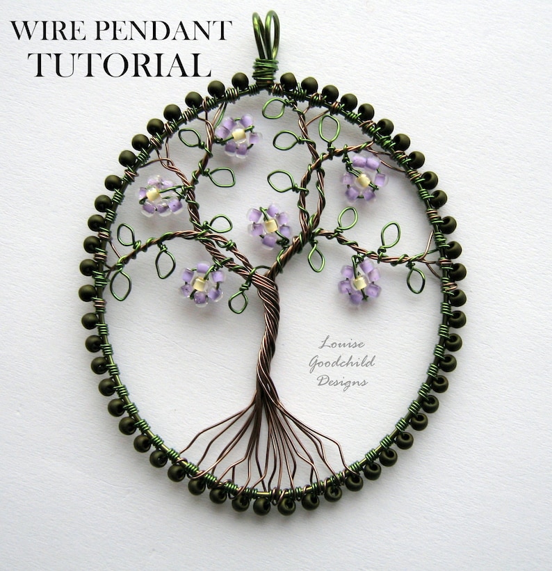 Photo of a beaded oval pendant, featuring a wire tree with leaves and lilac flowers, with the words Wire Pendant Tutorial