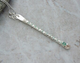 Sterling silver and gemstone wrapped bar pendant, apatite pendant, silver corset wrap pendant, blue gemstone necklace