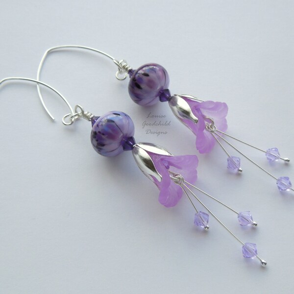 Lilac Lily flower earrings, purple flower earrings, lampwork earrings, sterling silver