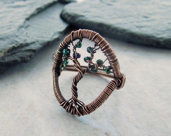 Tree ring, tree of life ring, nature ring, woodland ring, beaded ring, copper wire ring, copper tree ring, nature jewelry