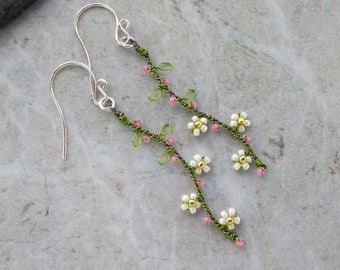 Apple Blossom wire earrings, spring earrings, white flower and green leaf earrings, wire wrapped earrings, sterling silver