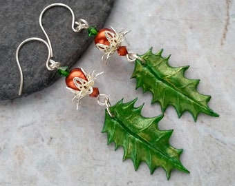 Green holly earrings, silver Christmas earrings, winter earrings, chestnut berry earrings, floral earrings