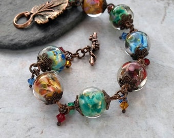 Multi lampwork and copper bracelet, artisan glass, beautiful colours