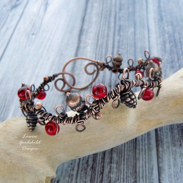 Wire wrapped copper bangle, woodland jewelry, autumn bracelet, fall bangle, copper wire, pine cones, berries, acorns