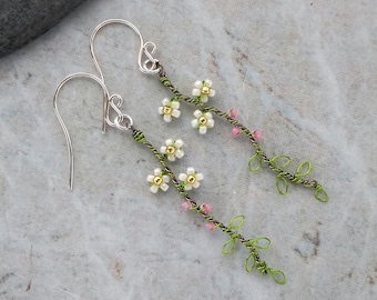 Apple Blossom wirework earrings, spring earrings, white flower earrings, wire wrapped earrings, sterling silver