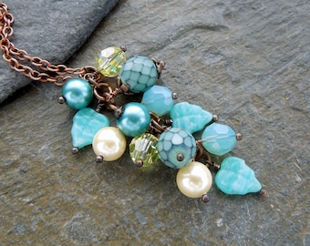 Turquoise leaf pendant, ocean colours, pearl necklace, cluster necklace, copper necklace