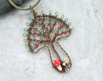 Wirework tree pendant, toadstool pendant, mushroom shaped wire pendant, tree of life, autumn pendant, fall pendant