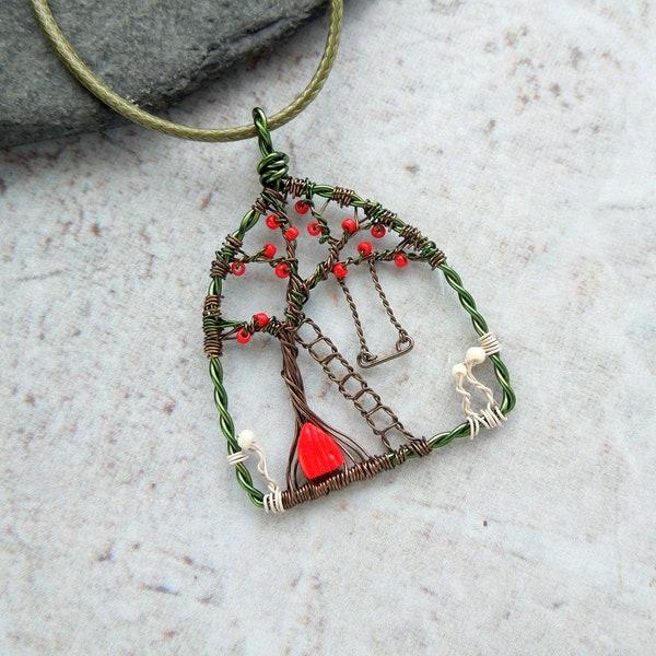 Fairy house pendant, wire wrapped pendant, woodland necklace, fiary door, miniature scene, autumn pendant, fall necklace