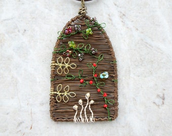 Wire wrapped fairy door pendant, hedgerow pendant, mushroom pendant, blackberry pendant, whimsical necklace, woven pendant