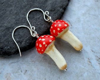 Toadstool earrings, amanita earrings, fly agaric earrings, red and white mushroom earrings, sterling silver