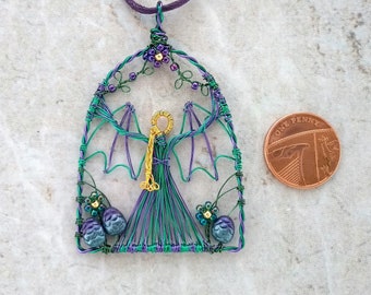 Dragon goddess pendant, wire wrapped pendant, wearable art, fairy pendant, fantasy necklace, winged goddess