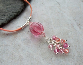Pink waterfall pendant, sterling silver necklace, pink silk necklace, pink crystals, crystal necklace