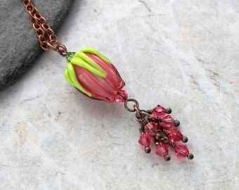 Rosebud pendant, copper rose necklace, pink crystals, pink rosebud pendant, crystal waterfall necklace