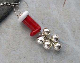 Santa boot pendant, jingle bell pendant, Christmas pendant, festive jewellery, Father Christmas pendant, red pendant, sterling silver