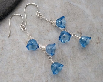 Bluebell earrings, sterling silver cascade earrings, blue flower earrings, spring earrings, blue bell earrings