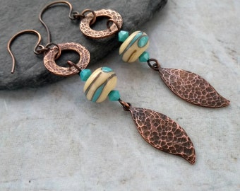 Copper and turquoise lampwork earrings, summer earrings, hammered copper, textured copper earrings