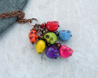 Skull pendant, Halloween pendant, rainbow skull pendant, autumn pendant, fall pendant, spooky necklace