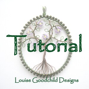 Photo of a beaded oval pendant, featuring a wire tree with leaves and lilac flowers, with the words Tutorial and Louise Goodchild Designs across the front