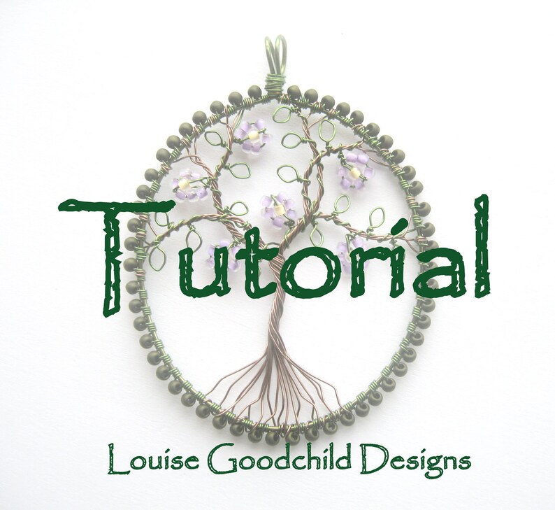 Photo of a beaded oval pendant, featuring a wire tree with leaves and lilac flowers, with the words Tutorial and Louise Goodchild Designs across the front