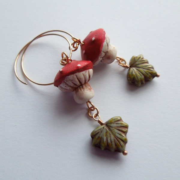 Fairy Seat toadstool and leaf bronze earrings