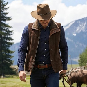 Men&#39;s Suede Shearling Vest: 90s Western Cowboy Style