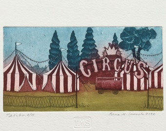 Le cirque arrive sans avertissement / Gravure originale à l'eau-forte, aquatinte, impression d'oeuvres d'art tirées à la main, tenture murale, décoration d'intérieur signée par l'artiste