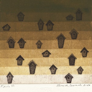 May include: A brown and green print of a series of birdhouses in a row. The print is signed "T.P.d.a. 1/1" and "Tereza. Somova 2024".