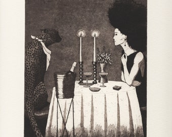 Reservierung für Zwei / Original Radierung & Aquatinta Kupferstich Druckkunst eines romantischen Abendessens mit Gepard und Dame