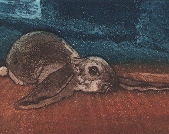 Depression / Original etching & aquatint print of a depressed floppy eared bunny