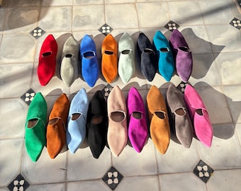 Handmade Moroccan Suede Babouche Slippers for Women – Colorful Leather Indoor Shoes, Cozy Boho Home Slippers, Gift for Her