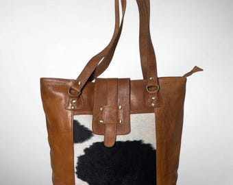 Genuine Cowhide Leather Tote Bag for Women | Hair-On Western Shoulder Bag | Black White Spotted Cow Print Purse | Large Everyday Carryall