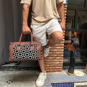 Handmade Moroccan Leather Duffel Bag: Black & White Geometric Weekender