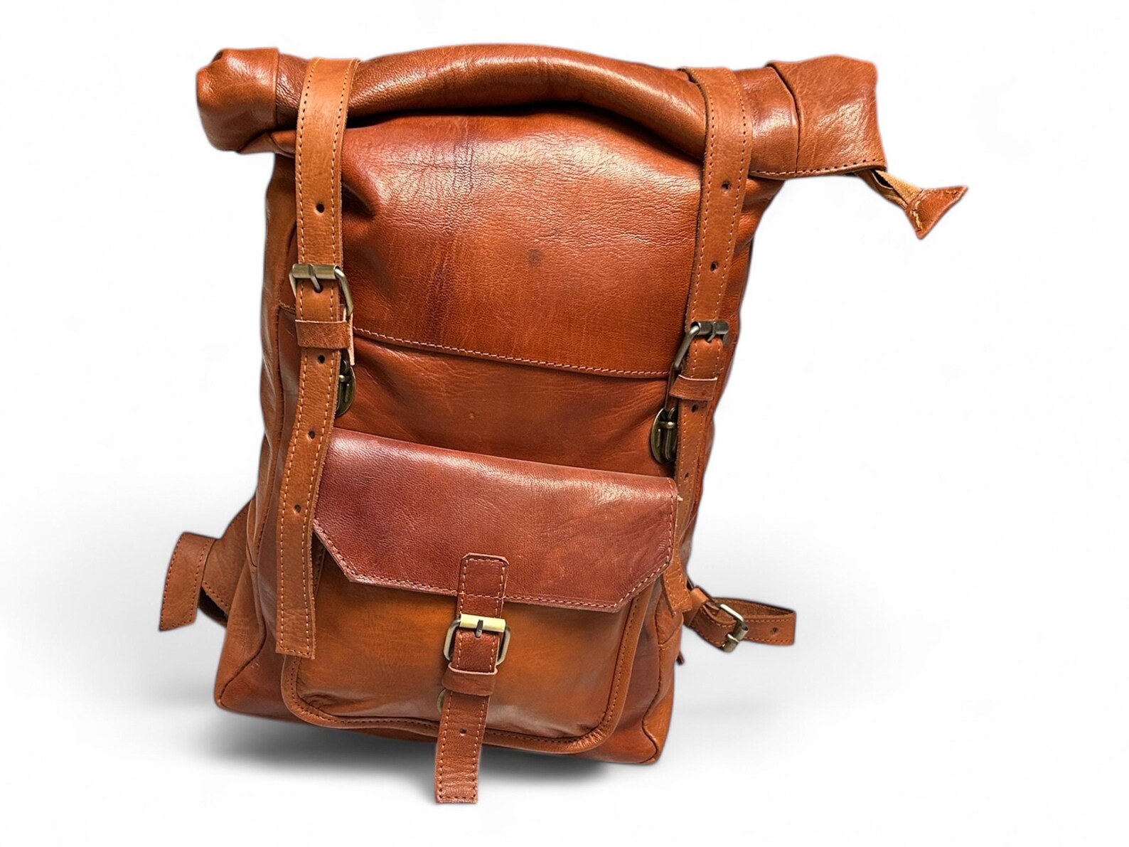 Handmade Leather Roll Top Backpack: Vintage Brown Travel Rucksack - Etsy