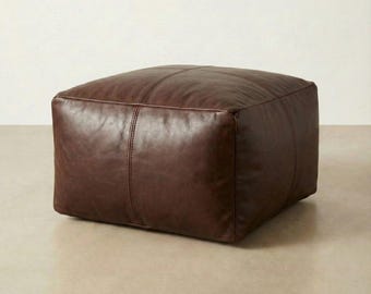 Genuine Leather Pouf Dark Brown, Handmade Moroccan Ottoman Footstool, Square Leather Pouf,Living Room Decor,Custom Size  (Unstuffed)