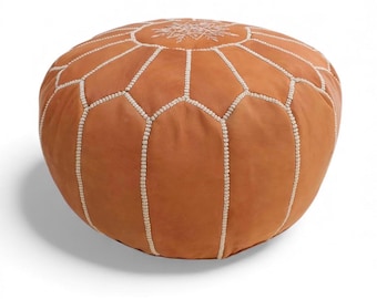 Light Brown Moroccan Pouf – Handmade Leather Ottoman, Boho Round Footstool, Unfilled Floor Cushion, Living Room Decor, Pouffe Seating