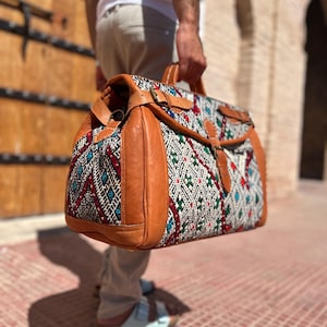 Handmade Moroccan Kilim Leather Travel Bag: Berber Weekender