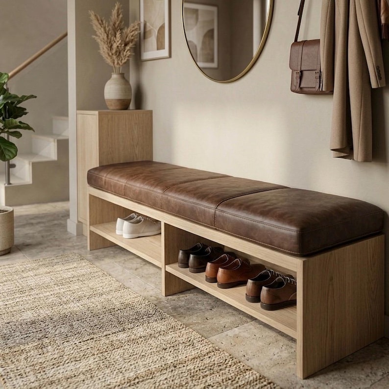 K&ouml;nnte beinhalten: Holz-Eingangsbank mit braunem Lederkissen und Schuhregalen. Die Bank ist aus hellem Holz gefertigt und hat mehrere Schuhpaare auf den Regalen. Eine Vase mit getrockneten Pflanzen steht auf einem passenden Holzschrank.