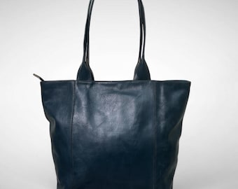 Handmade Denim Blue Leather Tote Bag | Minimalist Work Purse