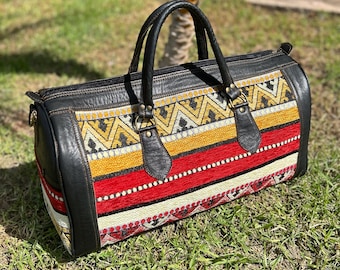 Handgefertigte marokkanische Kelim Ledertasche | Boho Reisetasche