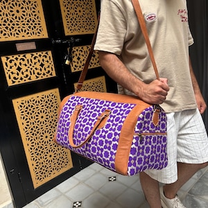 Handmade Moroccan Leather Duffle Bag: Geometric Purple Travel Bag