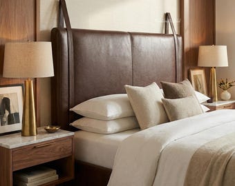 Dark Brown Leather Headboard, Genuine Leather Hanging Headboard, Wall Mounted Cushion Backrest, Moroccan Handmade Rustic Bedroom Decor