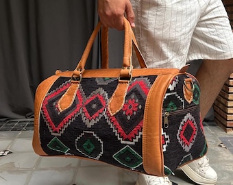 Personalized Kilim Leather Travel Bag: Berber Carpet Weekender Duffel