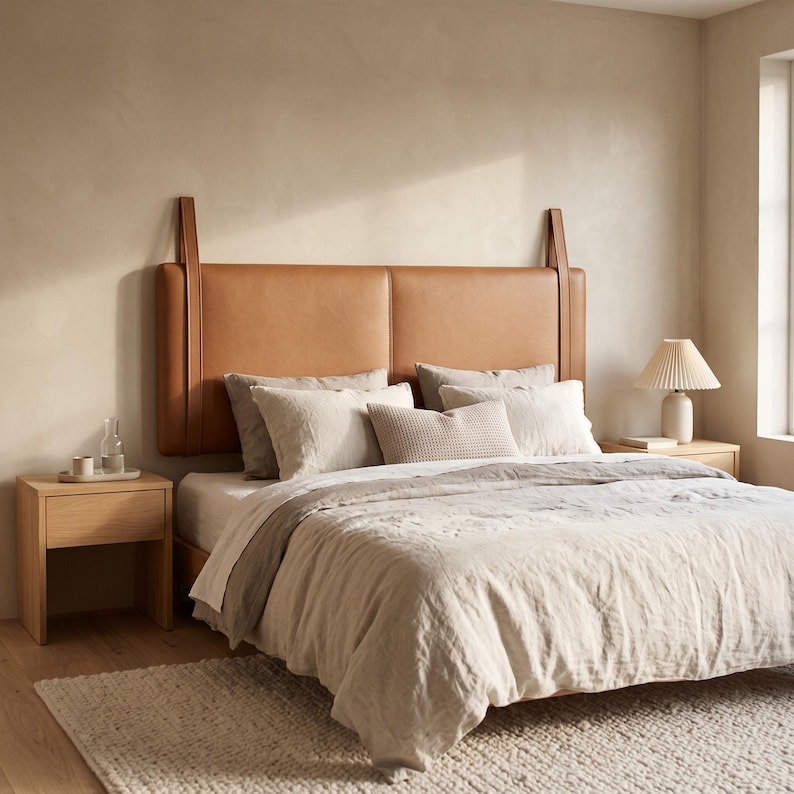Brown Leather Headboard, Handmade Wall Mounted Bed Headboard With ...