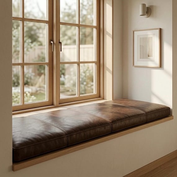 Custom Leather Bench Cushion Cover, Genuine Leather Window Seat Cushion, Entryway Bench Pad, Custom Size & Color Handmade Banquette Seating