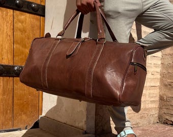 Donkerbruine volnerf lederen reistas, weekendtas herentas, handgemaakte gymtas, perfect cadeau voor vriend of man