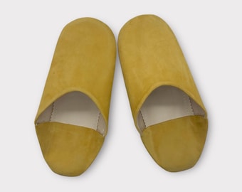 Handmade Yellow Moroccan Leather Babouche Slippers: Soft Suede Indoor Shoes