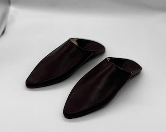 Handmade Black Leather Babouche Slippers: Moroccan Flat Shoes