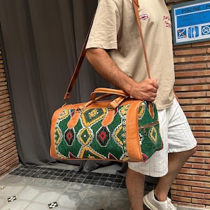 Handcrafted Kilim Leather Travel Bag - Boho Chic Overnight Bag - Unisex Bag