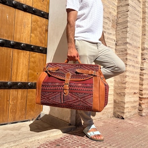 Handmade Moroccan Kilim Leather Duffel Bag: Berber Travel Weekender