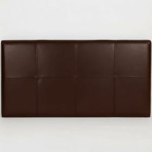 May include: A rectangular, dark brown leather headboard with a grid pattern. The headboard is divided into eight equal rectangular sections by stitched seams. The leather has a smooth, slightly glossy finish, and the overall design is simple and modern.